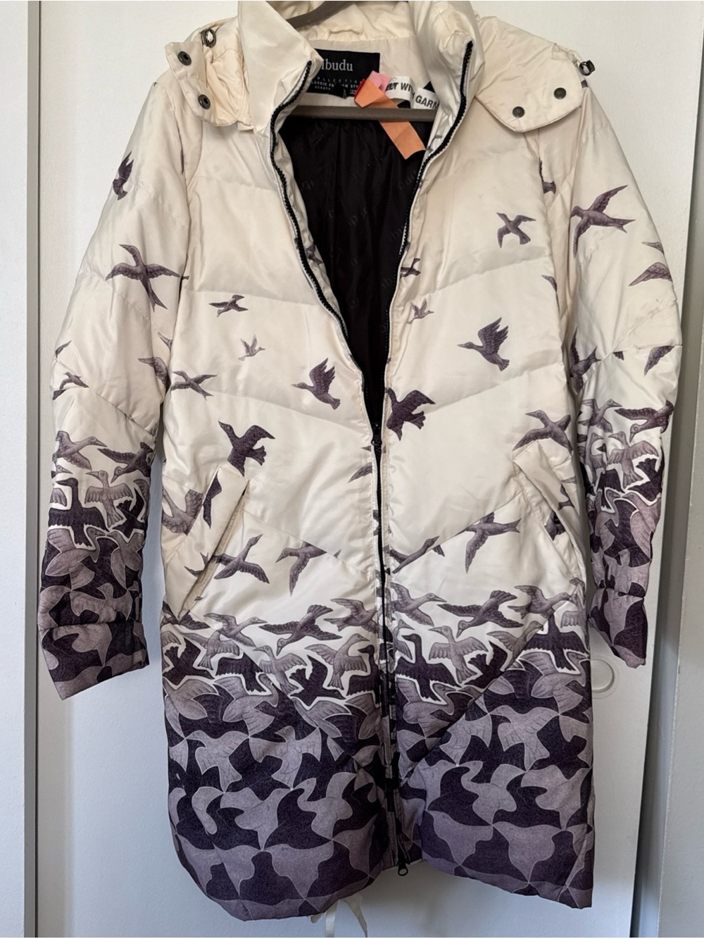 Bird Print Long Quilted Puffer Coat in Cream and Purple Size Xl ibudu